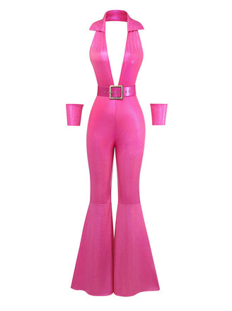 Combinaison disco rose métallisée à décolleté plongeant années 1970
