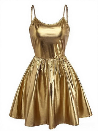 Robe or de soirée à fines bretelles métallisées années 1980