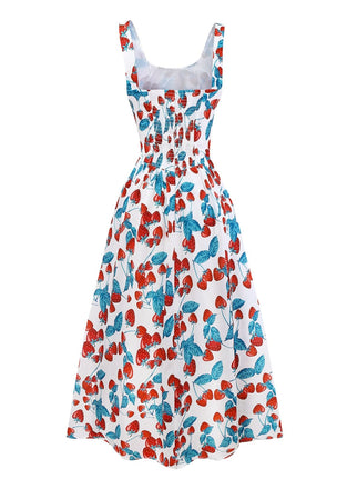 Robe à bretelles larges et col carré fraise des années 1950