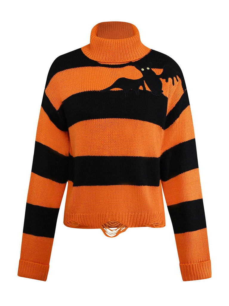 Pull en tricot orange à chauve-souris Halloween années 1950