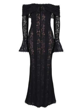 Robe sirène maxi en dentelle à épaules dénudées et manches évasées années 1930