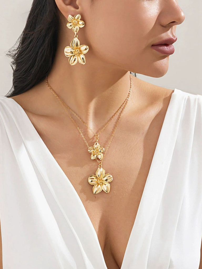 Ensemble collier et boucles d'oreilles à double clavicule florale