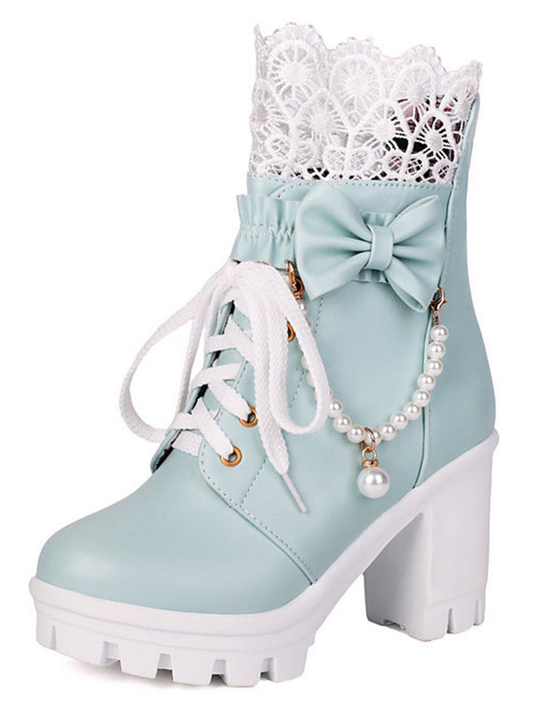 Bottes À Talons Épais Dentelle Perles Nœud Vintage