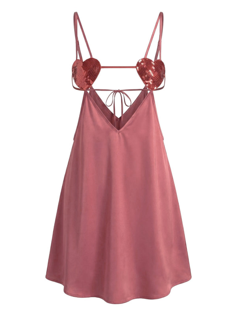 Nuisette sexy à sequins en satin uni ornée de cœurs années 1960