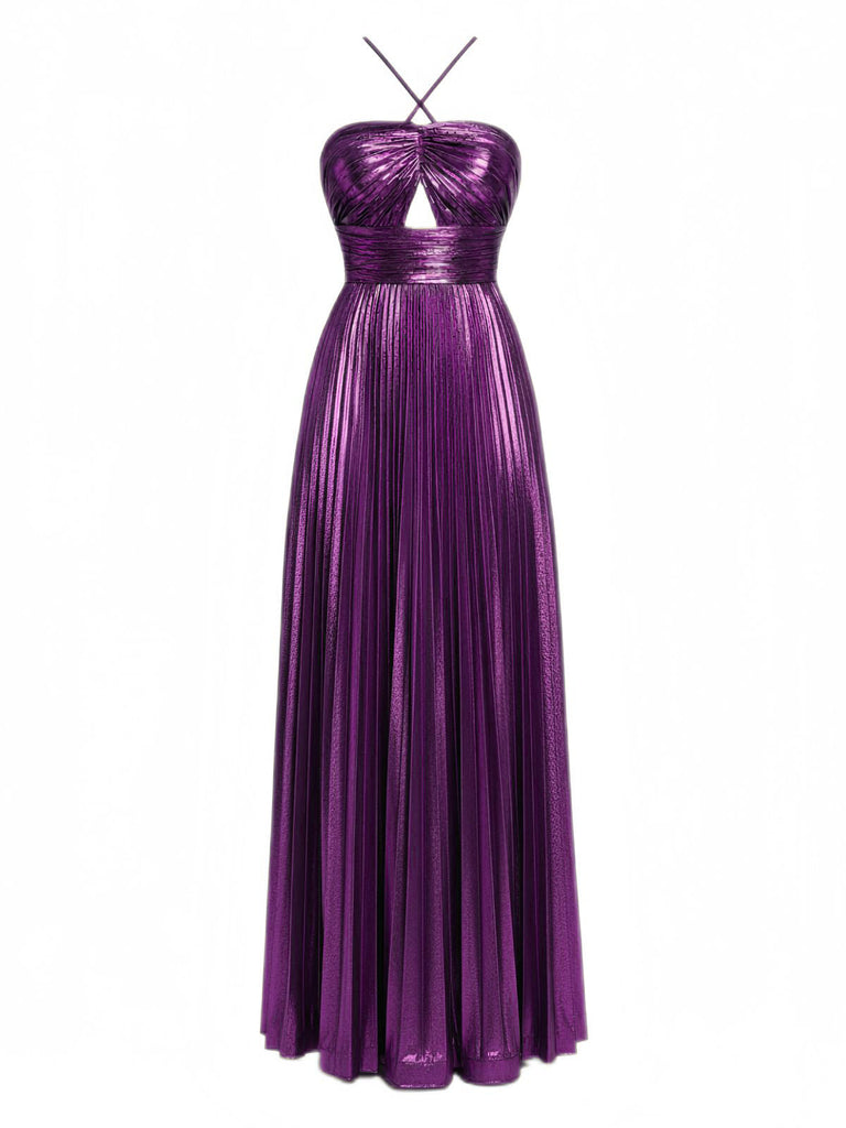 Robe plissée dorée à dos nu et col croisé années 1930