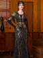 Robe longue à sequins dorés col en V et pompons années 1920