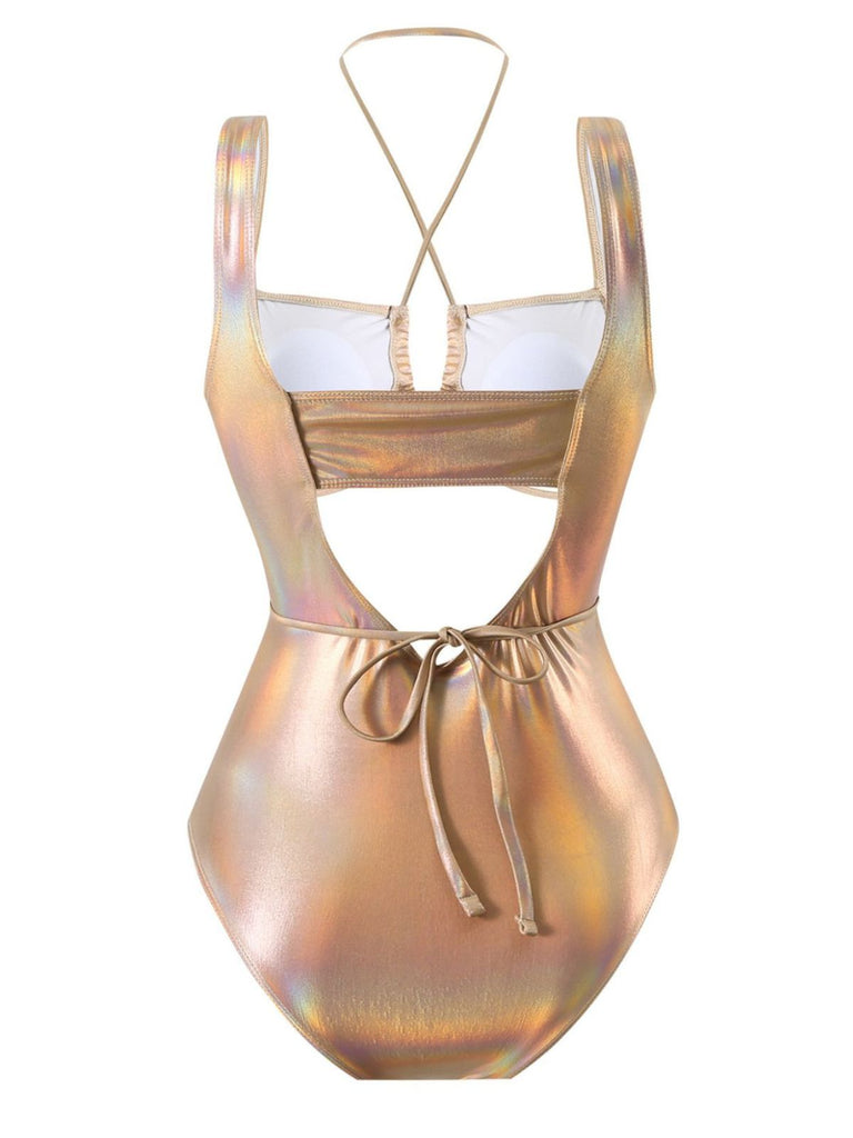Maillot de bain une pièce métallisé à découpes et décolleté dos nu années 1970