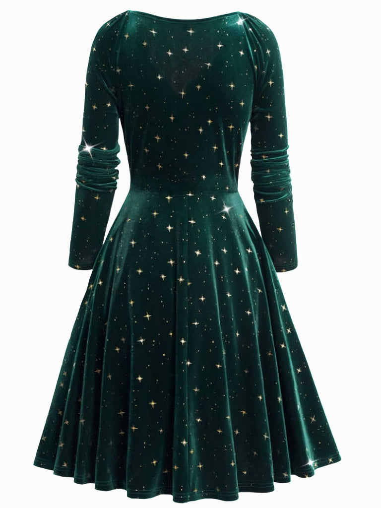 Robe en velours col en V et étoiles vert foncé des années 1940