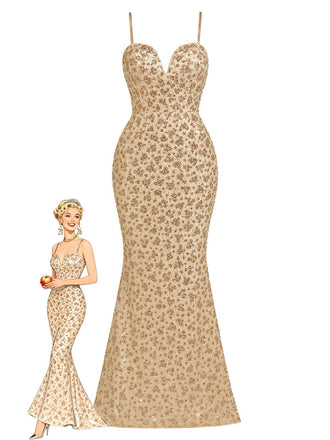 Robe de soirée dos nu sequins couleur champagne années 1930