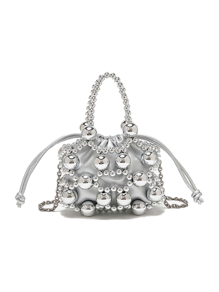 Mini sac seau à cordon de serrage et perles métalliques