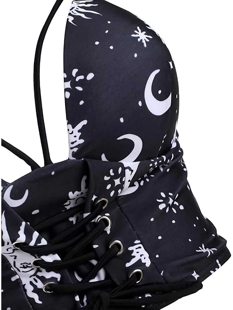 Ensemble bikini gothique noir à bretelles motif galaxie années 1980