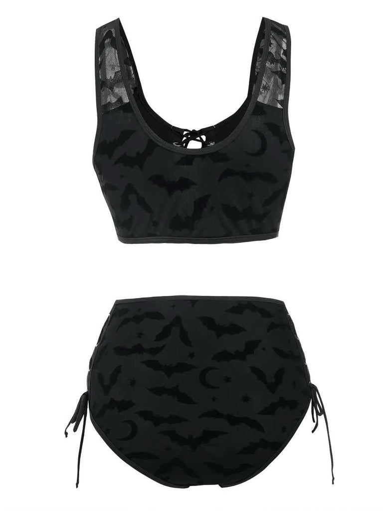 Ensemble bikini gothique en maille chauve-souris noire années 1980