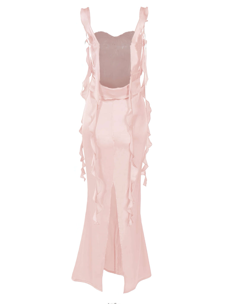Robe froncée dos nu en satin uni des années 1970