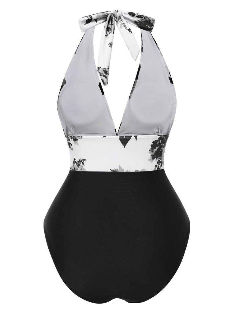 Maillot de bain rouge dos nu col V motif silhouette de feuille années 1940
