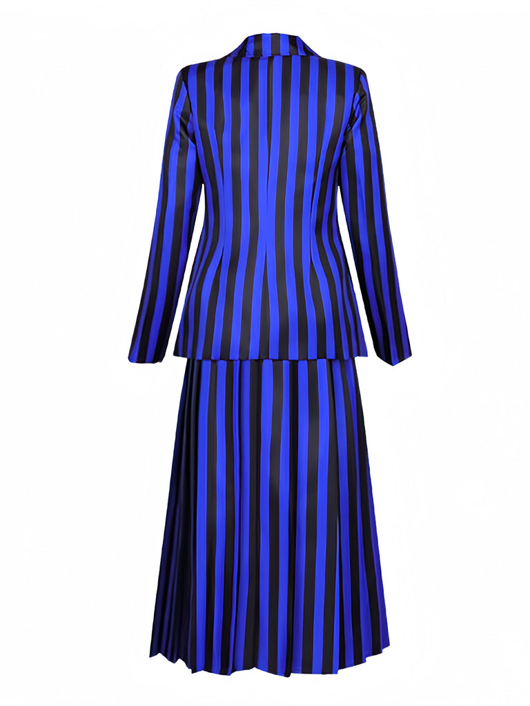 Ensemble d'uniforme bleu rayé de Wednesday Addams des années 1940