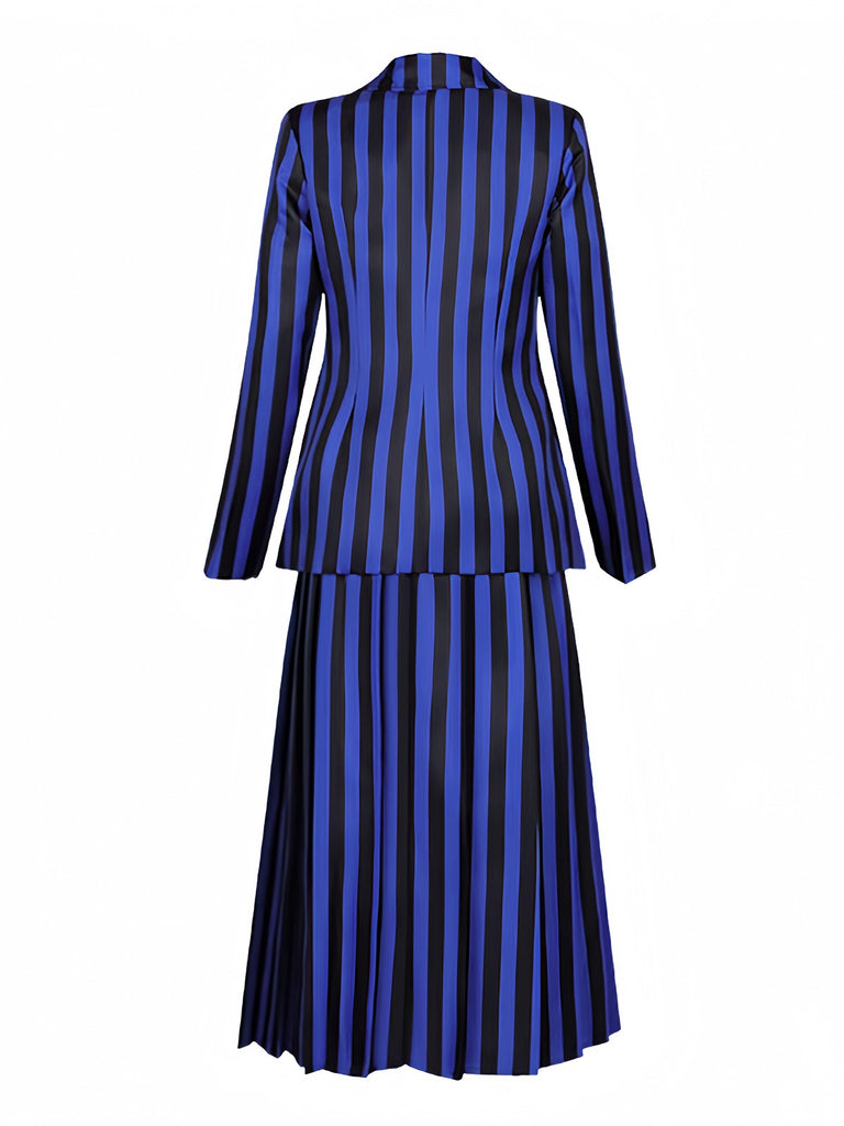 Ensemble d'uniforme bleu rayé de Wednesday Addams des années 1940