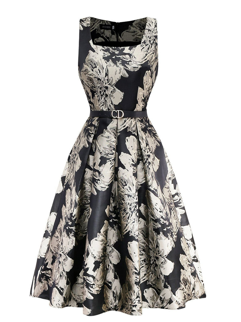 Robe noire à fleurs en jacquard avec ceinture années 1950