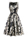 Robe noire à fleurs en jacquard avec ceinture années 1950