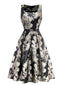 Robe noire à fleurs en jacquard avec ceinture années 1950