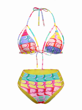Ensemble bikini dos nu multicolore à lacets arc-en-ciel années 1960