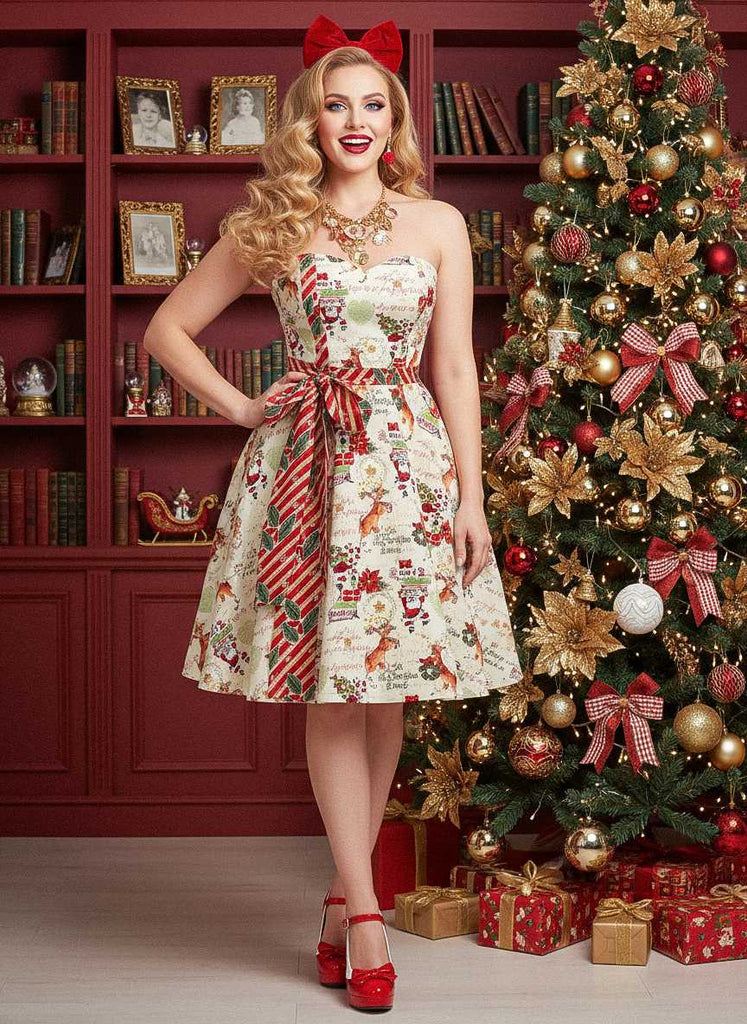 Robe bustier à nœud papillon et canne de Noël années 50