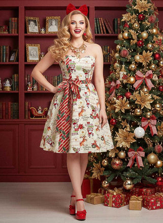 Robe bustier à nœud papillon et canne de Noël années 50