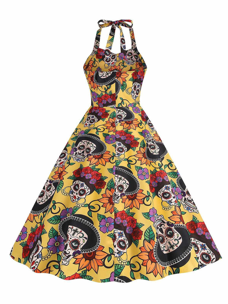Robe évasée jaune à col licou tête de mort hippie années 1950