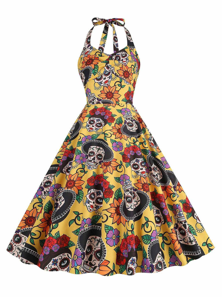 Robe évasée jaune à col licou tête de mort hippie années 1950