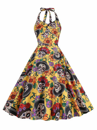 Robe évasée jaune à col licou tête de mort hippie années 1950
