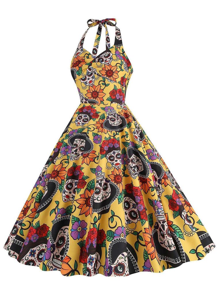 Robe évasée jaune à col licou tête de mort hippie années 1950