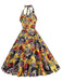 Robe évasée jaune à col licou tête de mort hippie années 1950