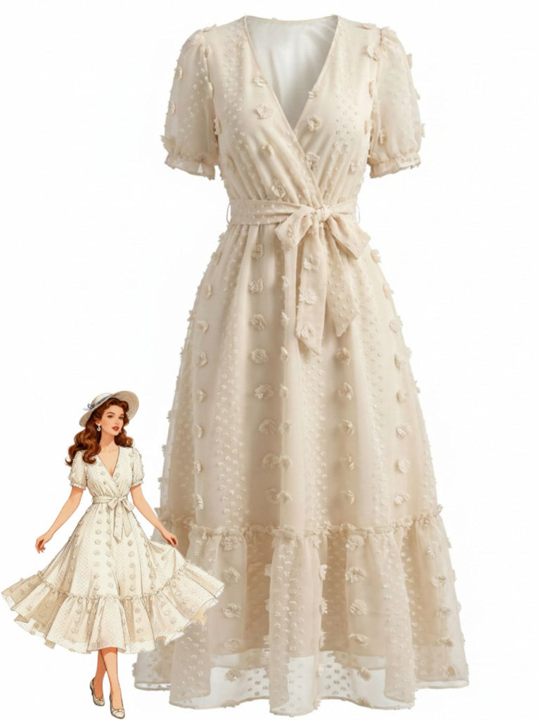 Robe Florale à Pois Col V Ceinturée Cache-Cœur Beige Années 1970