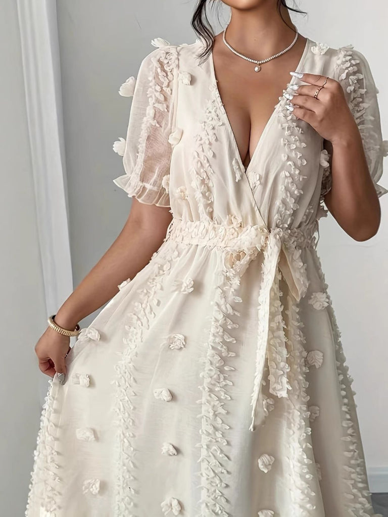 Robe Florale à Pois Col V Ceinturée Cache-Cœur Beige Années 1970 5