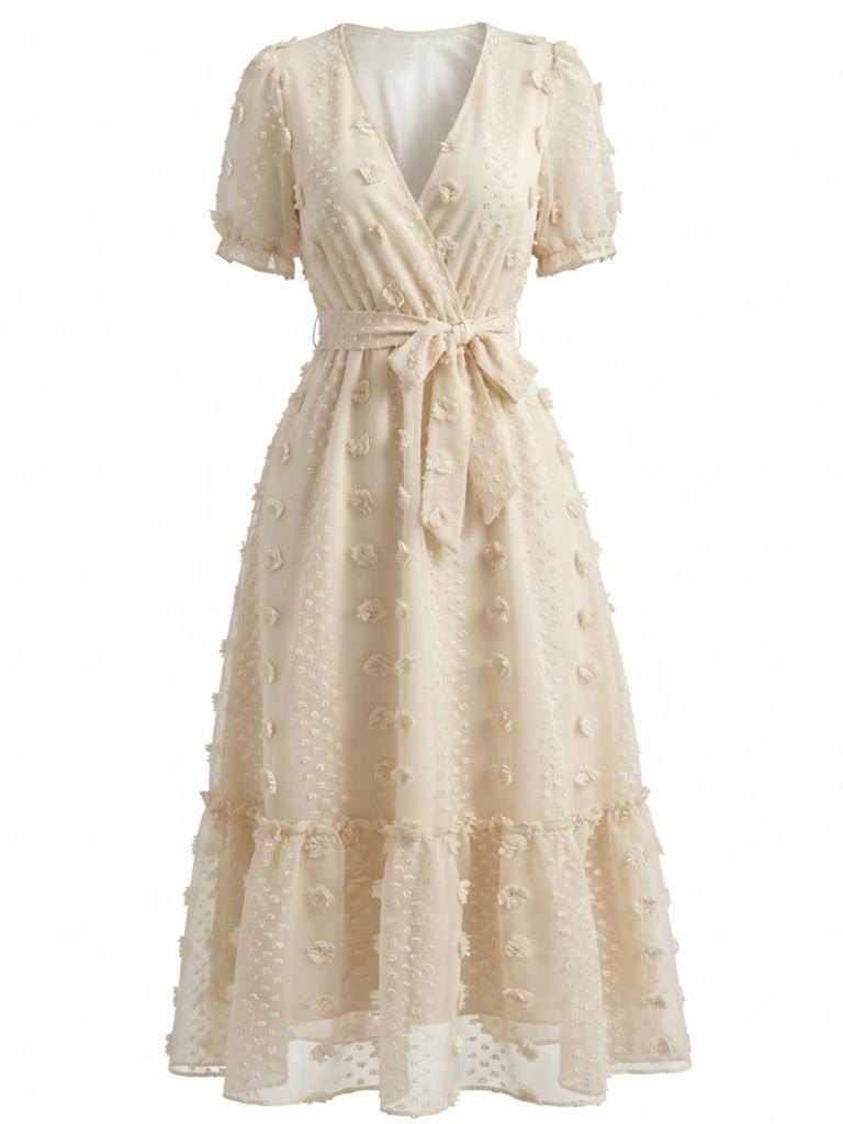 Robe Florale à Pois Col V Ceinturée Cache-Cœur Beige Années 1970 2