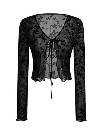 Cardigan transparent à lacets et imprimé botanique des années 1980