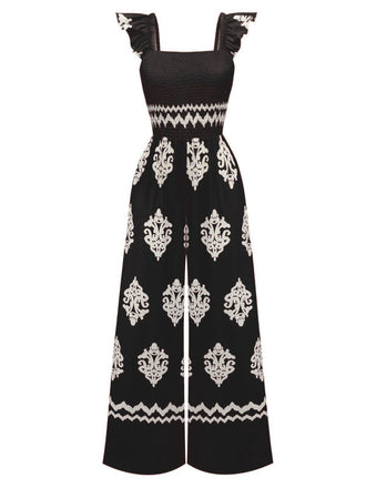 Combinaison col carré imprimé tribal bohème des années 1970