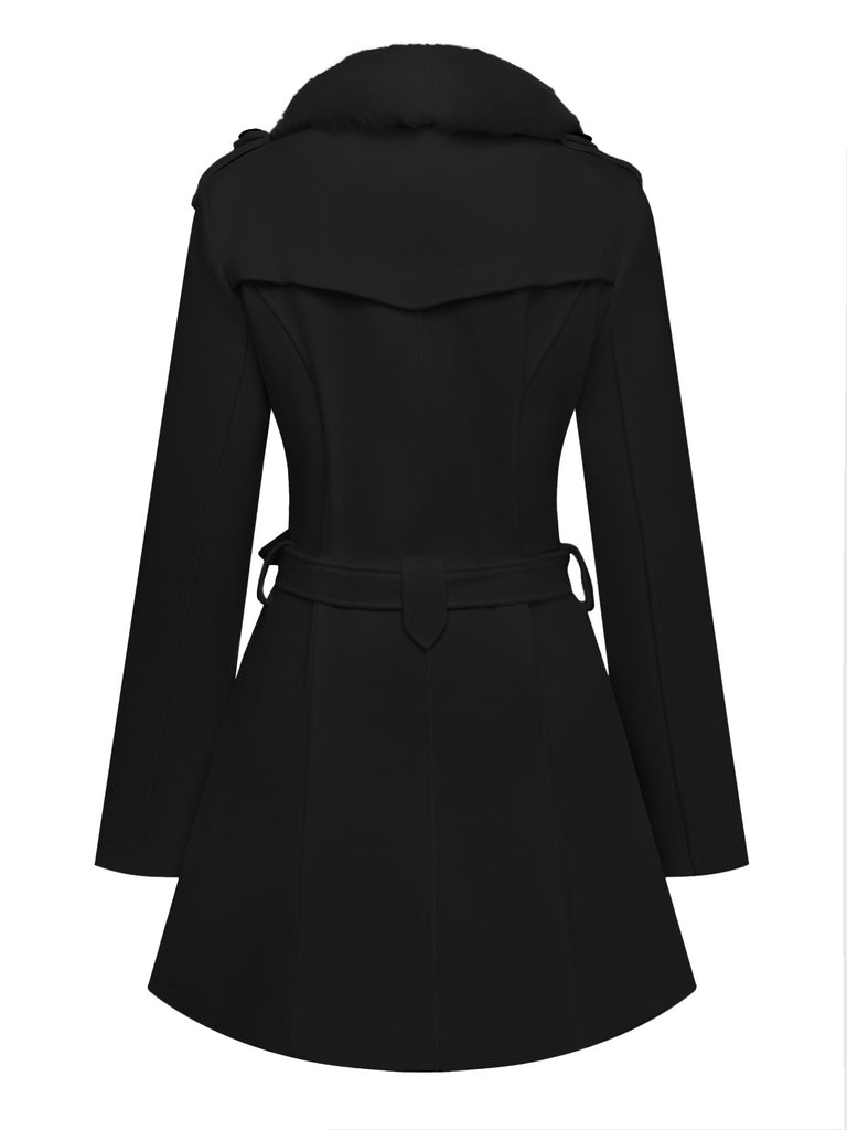 Manteau noir à boutons amovibles en fausse fourrure des années 1940
