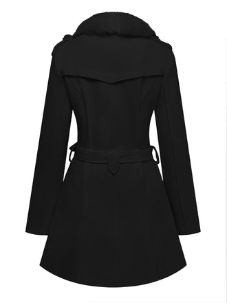 Manteau noir à boutons amovibles en fausse fourrure des années 1940