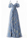 Robe Bleue fendue en tulle fleurs années 1970
