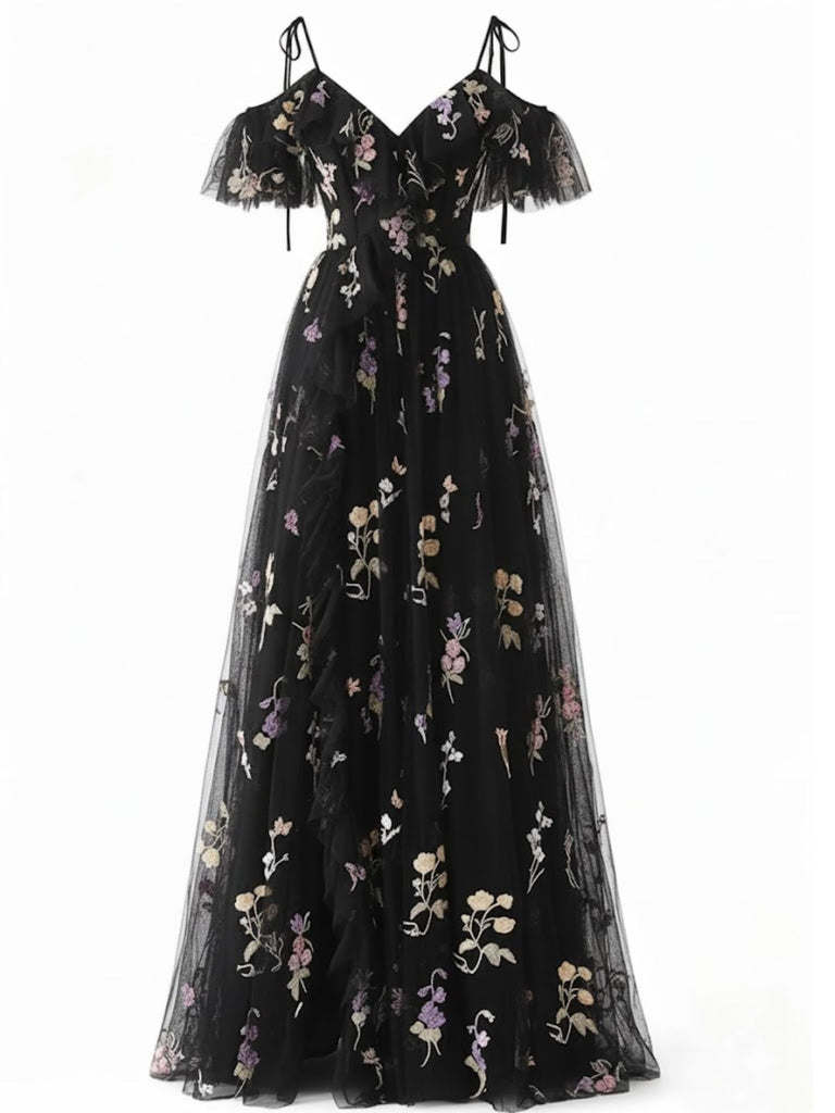 Robe Bleue fendue en tulle fleurs années 1970