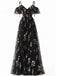 Robe Bleue fendue en tulle fleurs années 1970