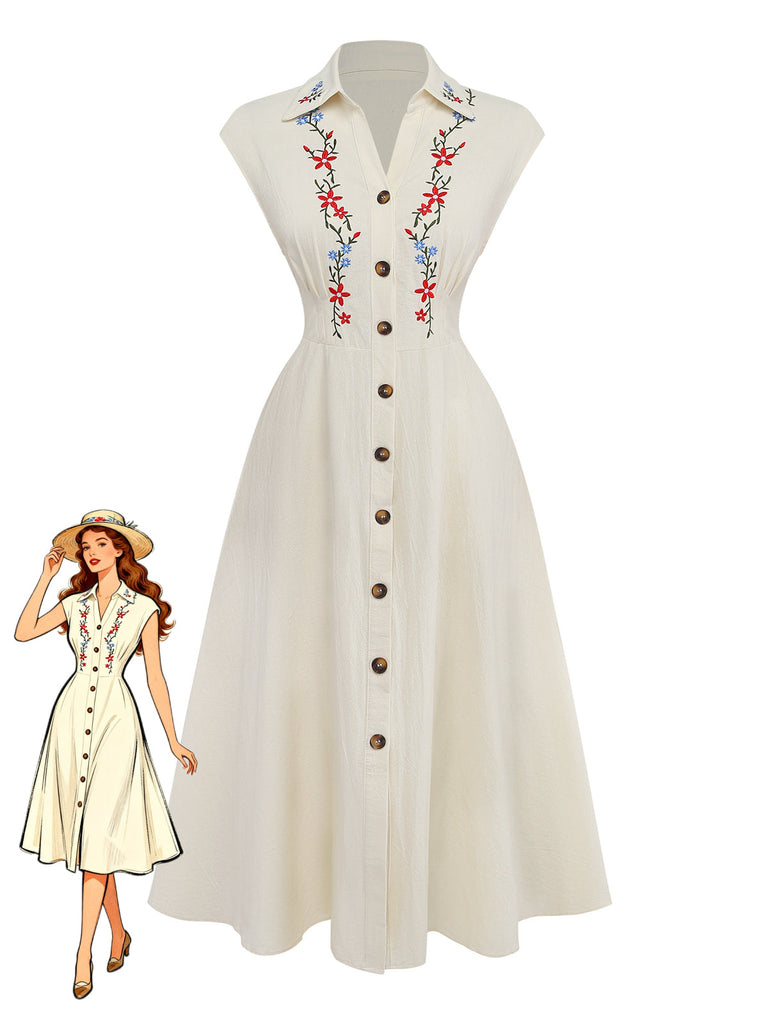 Robe Florale Manches Courtes Brodée Beige Années 1940