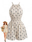 Combishort Licou Imprimé Nœuds Taille Froncée Beige Années 1950