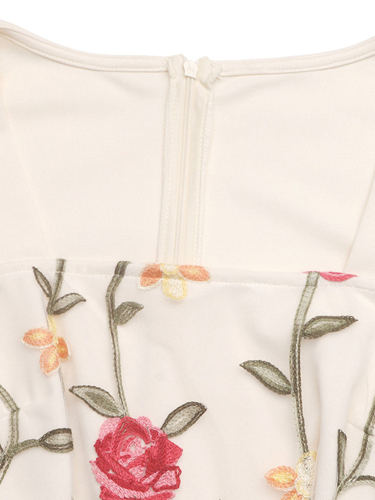 Combinaison Col Carré à Manches Volantées Floral Beige Années 50