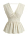 Sans Manches Profond Col en V Péplum Blouse Beige Années 1950