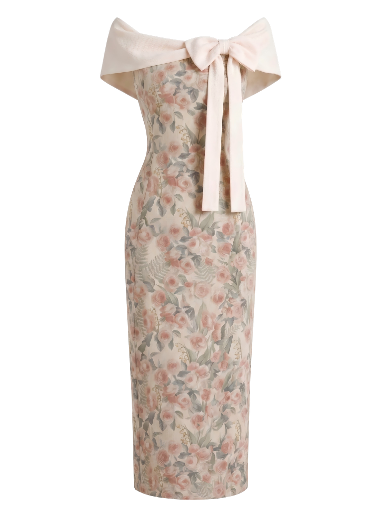 [Prévente] Robe Moulante Florale Épaules Dénudées Nœud Beige Années 1960