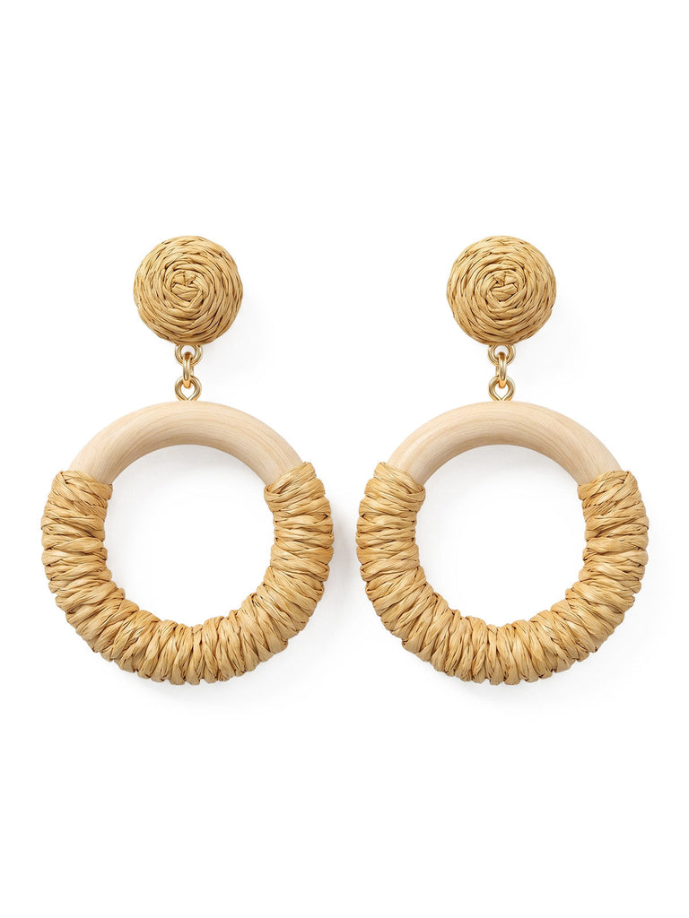 Vintage Beige Rotin Tressé Bois Créole Pendante Boucles d'Oreilles