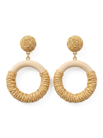 Vintage Beige Rotin Tressé Bois Créole Pendante Boucles d'Oreilles