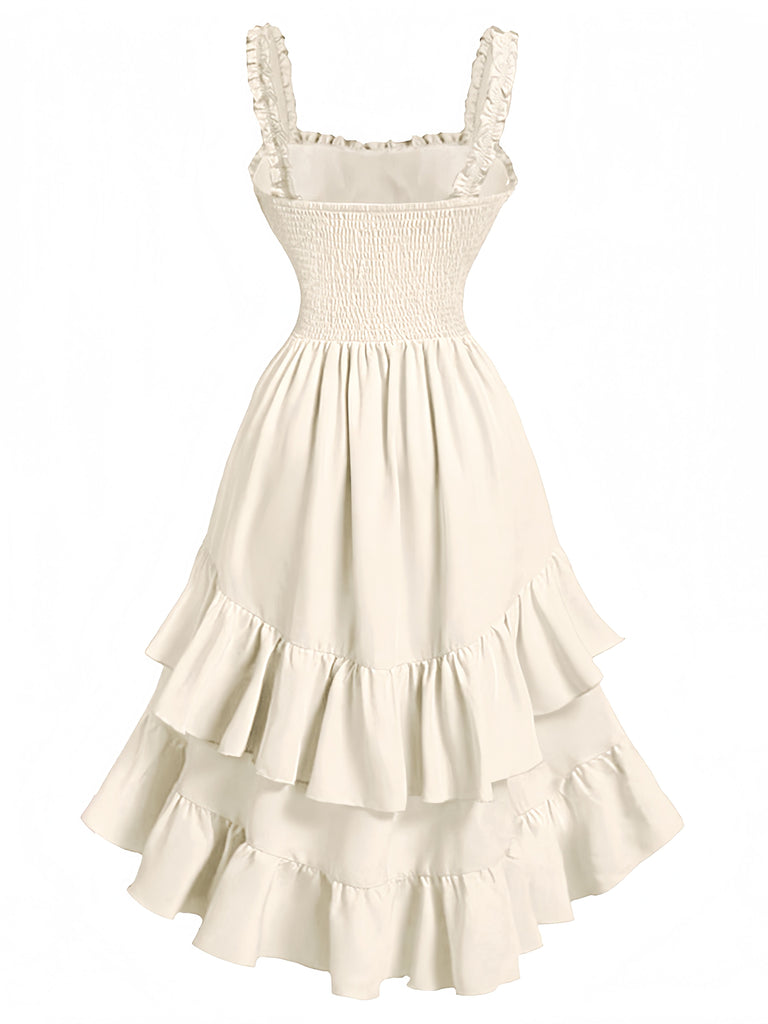 Back: Beige 1980s Solid Ruffled Hem Suspender Dress, elegant vintage style, perfect for vintage fashion lovers