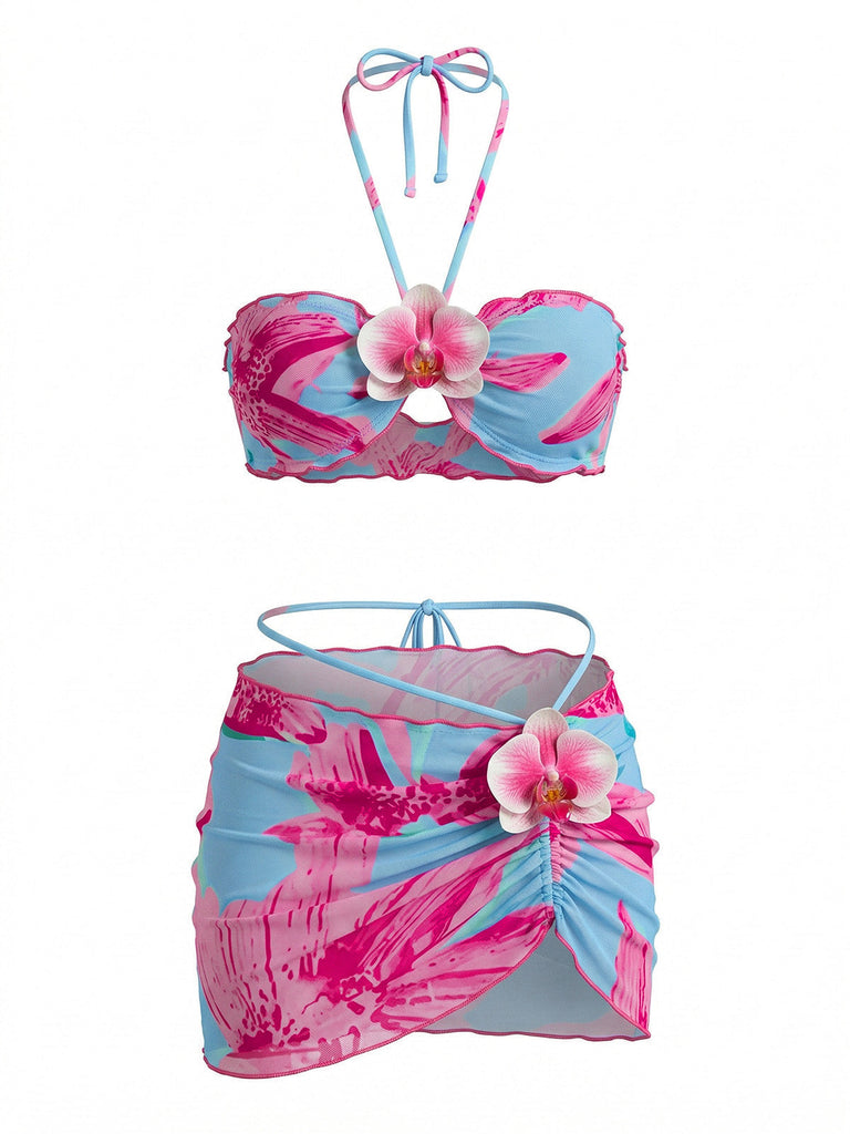 Ensemble 2 Pièces Bikini Dos-Nu Floral & Cache-Maillot Moulant Années 1960